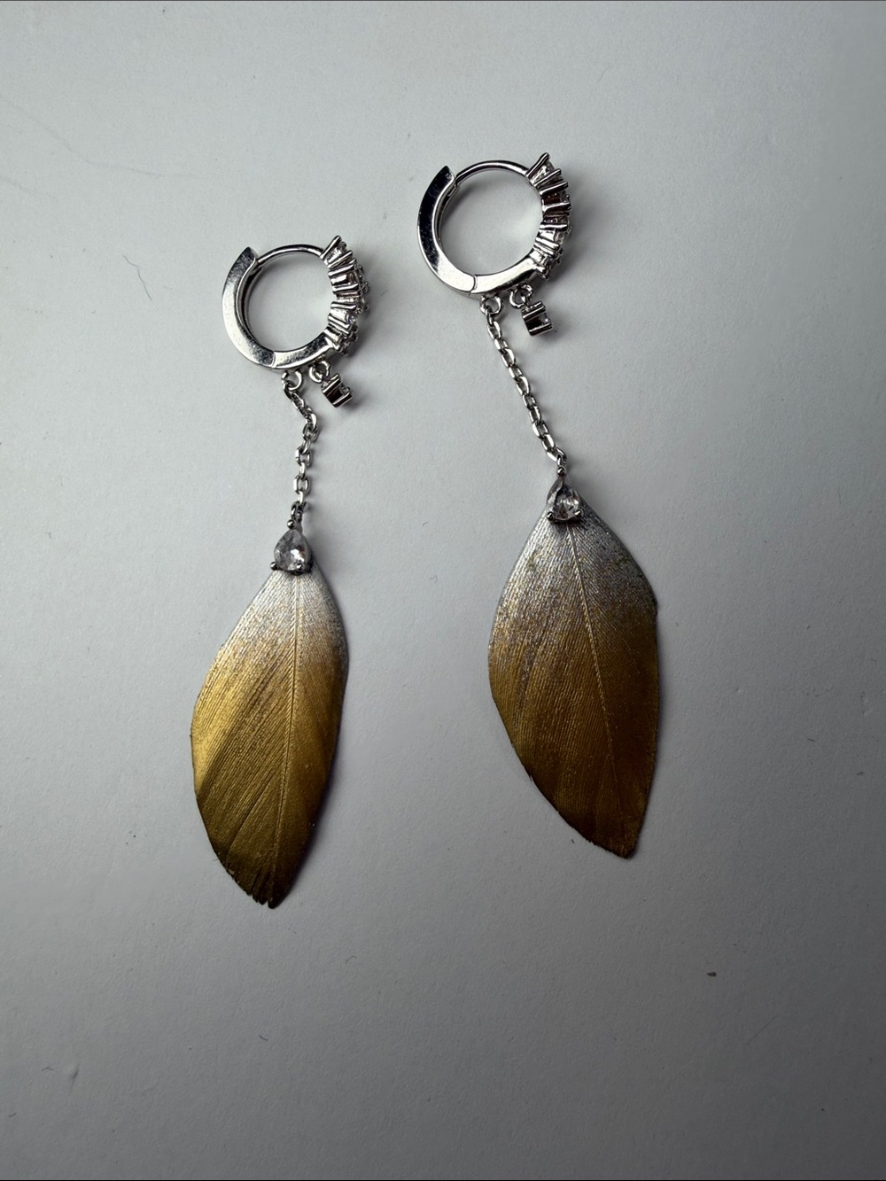 Two-Tone Silver Hoop Earrings with Gold Feather Drops